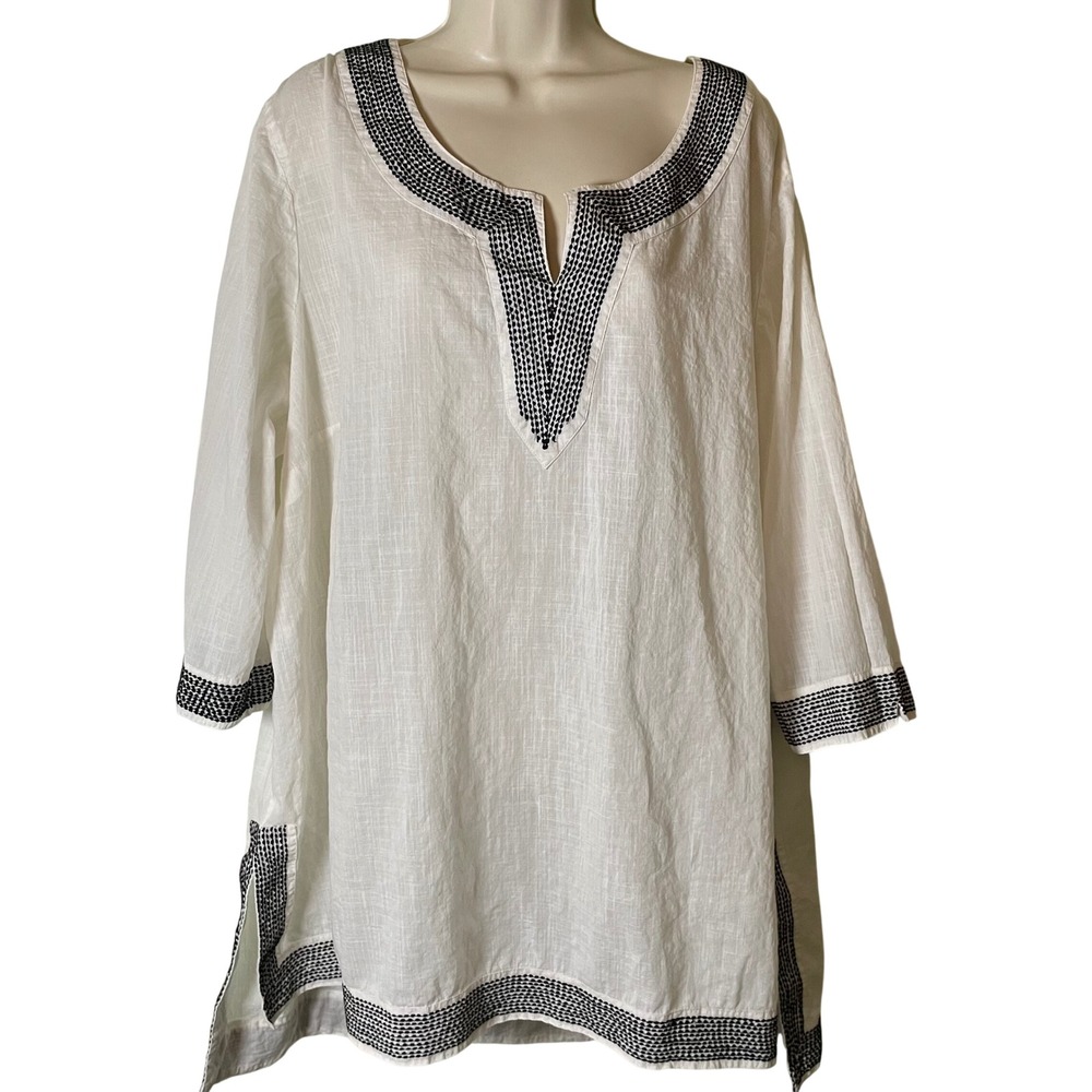 Ellos Embroidered Tunic Top 2X Plus Size White Cotton Lagenlook Resort Coastal